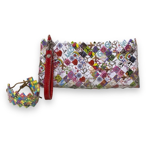 Nahui Ollin Upcycled Colorful Woven Peace Love Hippy Wristlet Clutch & Bracelet - Picture 1 of 7
